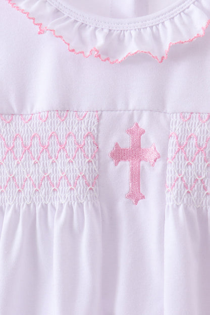 White cross smocked ruffle shorts set - Cloudling Kids Clothing