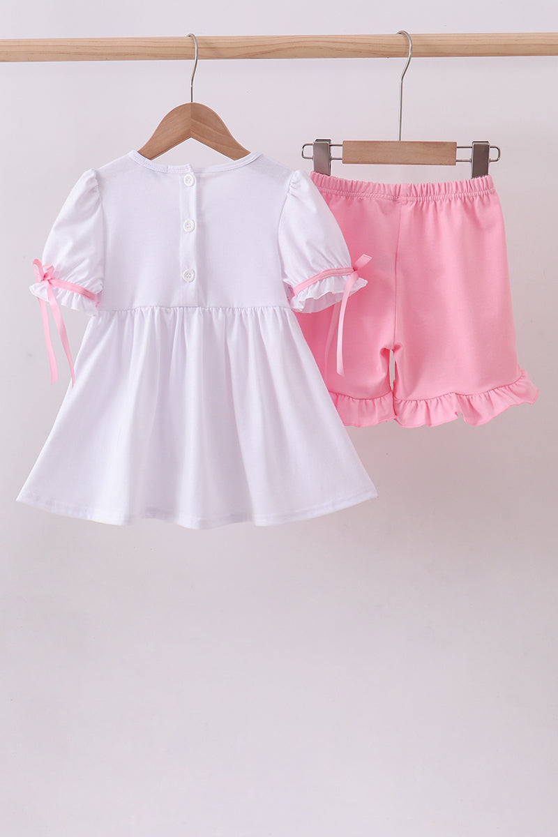 White cross smocked ruffle shorts set - Cloudling Kids Clothing