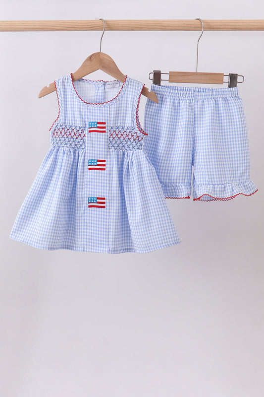 Blue flag smocked woven gingham ruffle shorts set