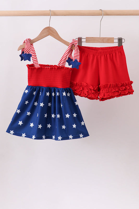 Blue star smocked ruffle shorts set
