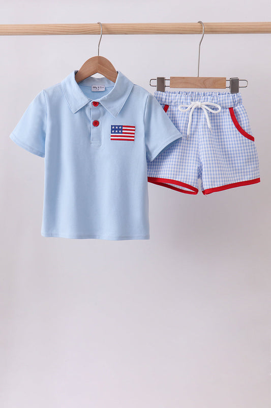 Blue flag smocked shorts set