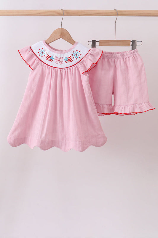 Pink fireworks flag smocked jacquard scalloped ruffle shorts set