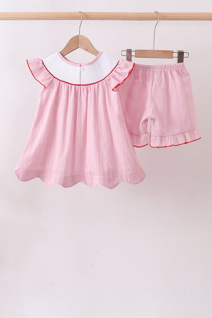 Pink fireworks flag smocked jacquard scalloped ruffle shorts set