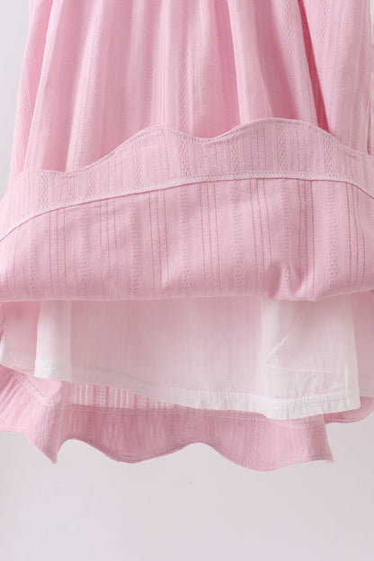 Pink fireworks flag smocked jacquard scalloped ruffle dress