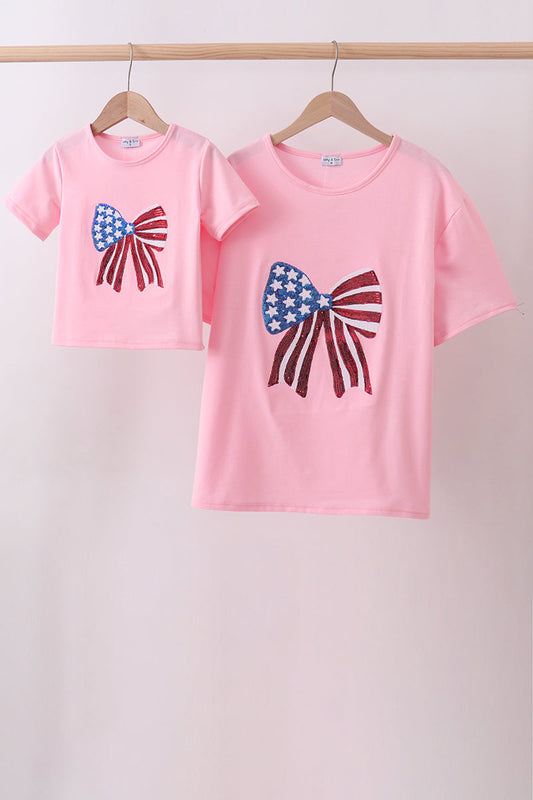 Pink flag bow sequin mom&me top