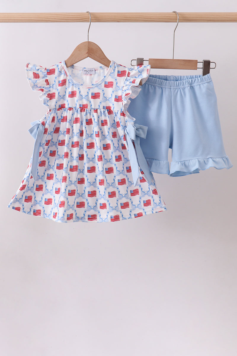 Blue flag print ruffle shorts set