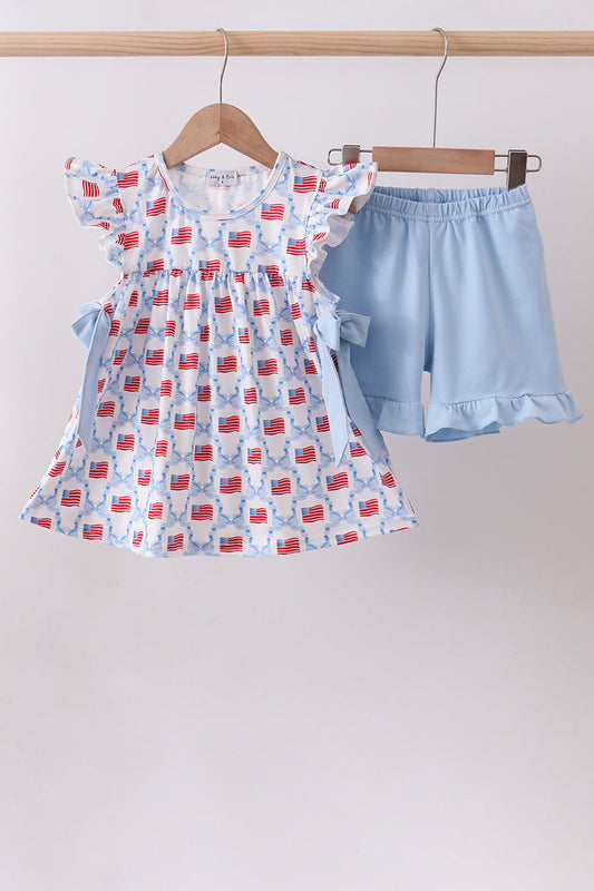 Blue flag print ruffle shorts set