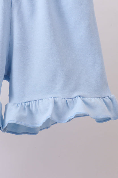 Blue flag print ruffle shorts set