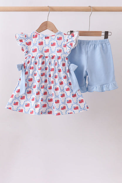Blue flag print ruffle shorts set