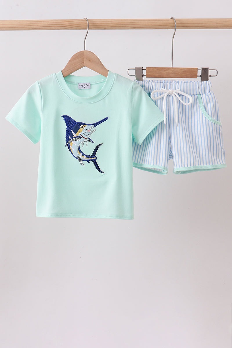 Mint Swordfish Applique Knit Set