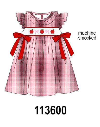 Red Apple Bow Smocked Gingham Dress