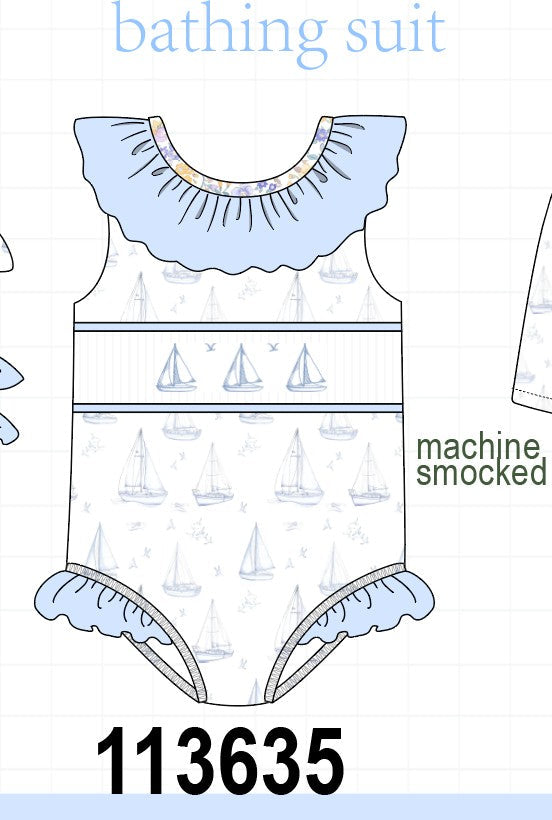 Blue Sailboat Smocked One-Piece Swimsuit