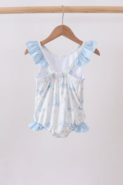 Blue Sailboat Smocked One-Piece Swimsuit