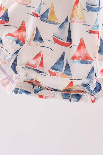 Blue Sailboat Embroidered Ruffle Bubble
