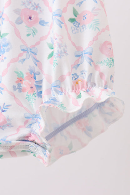 Blue Floral Smocked Bubble