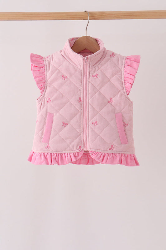 Pink corduroy bow embroidery ruffle vest