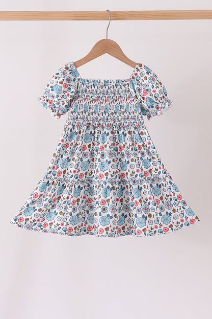 Blue floral smocked ruffle dress