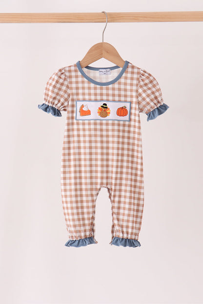 Brown turkey pumpkin embroidery gingham ruffle romper