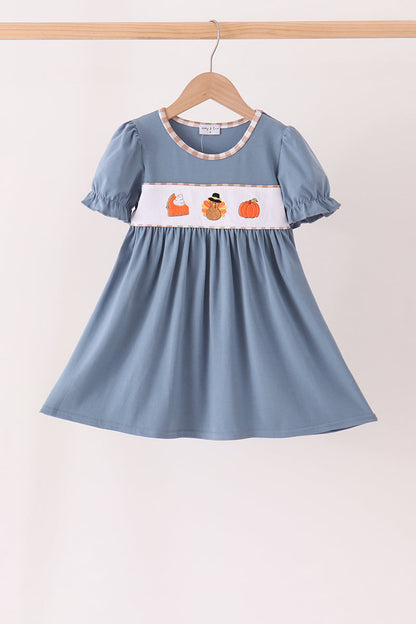 Blue turkey pumpkin embroidery dress