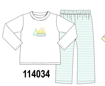 Green excavator french knot stripe pants set