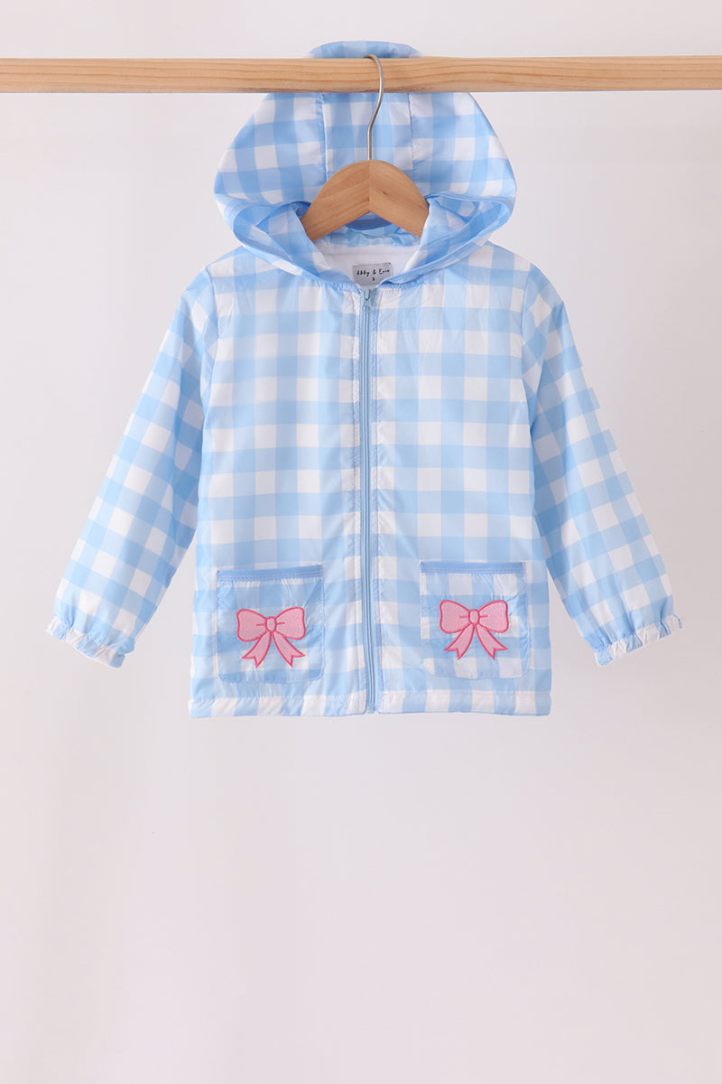 Blue bow embroidery gingham raincoat