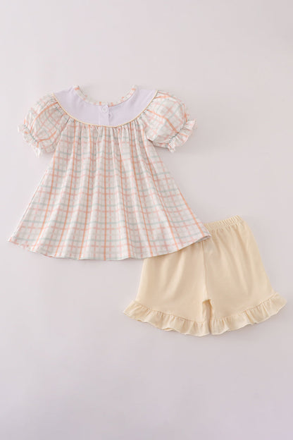 Neutral plaid french knot ruffle shorts set