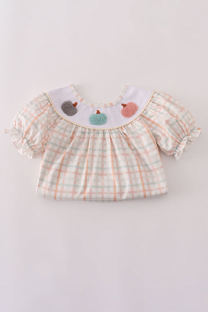 Neutral plaid french knot ruffle shorts set