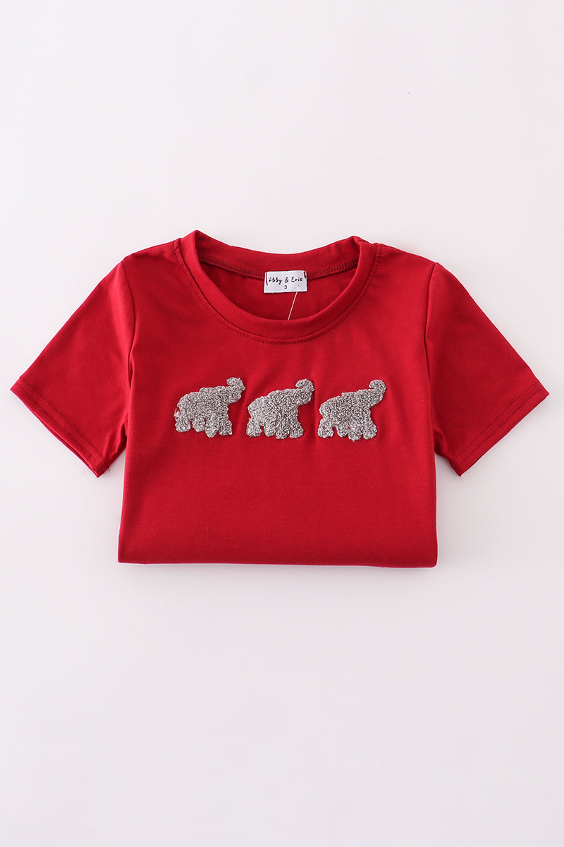 Close-up of French knot elephant detail on unisex children's top – Cloudling Clothing
