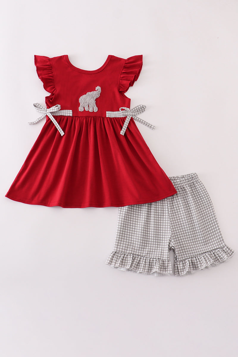 Girls' Alabama elephant French knot ruffle shorts set by Cloudling Kids.