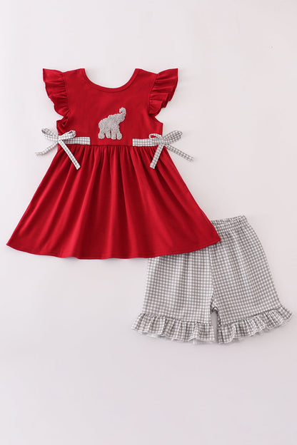 Girls' Alabama elephant French knot ruffle shorts set by Cloudling Kids.