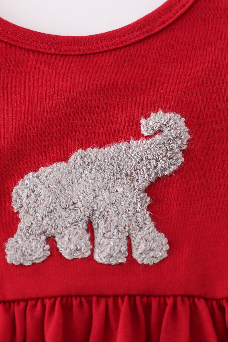Toddler girl wearing a sweet Alabama Game Day shorts set with embroidered elephant and ruffles from Cloudling Kids.