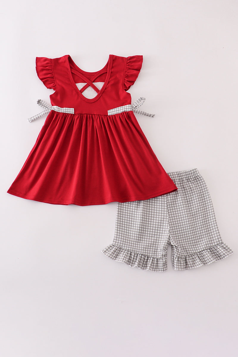 Adorable girls' Alabama elephant shorts set with French knot embroidery and ruffles.
