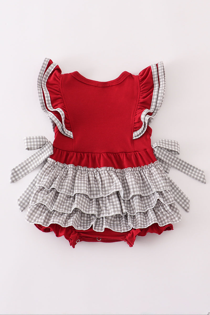 Adorable girls' Alabama elephant bubble with French knot embroidery and ruffles.