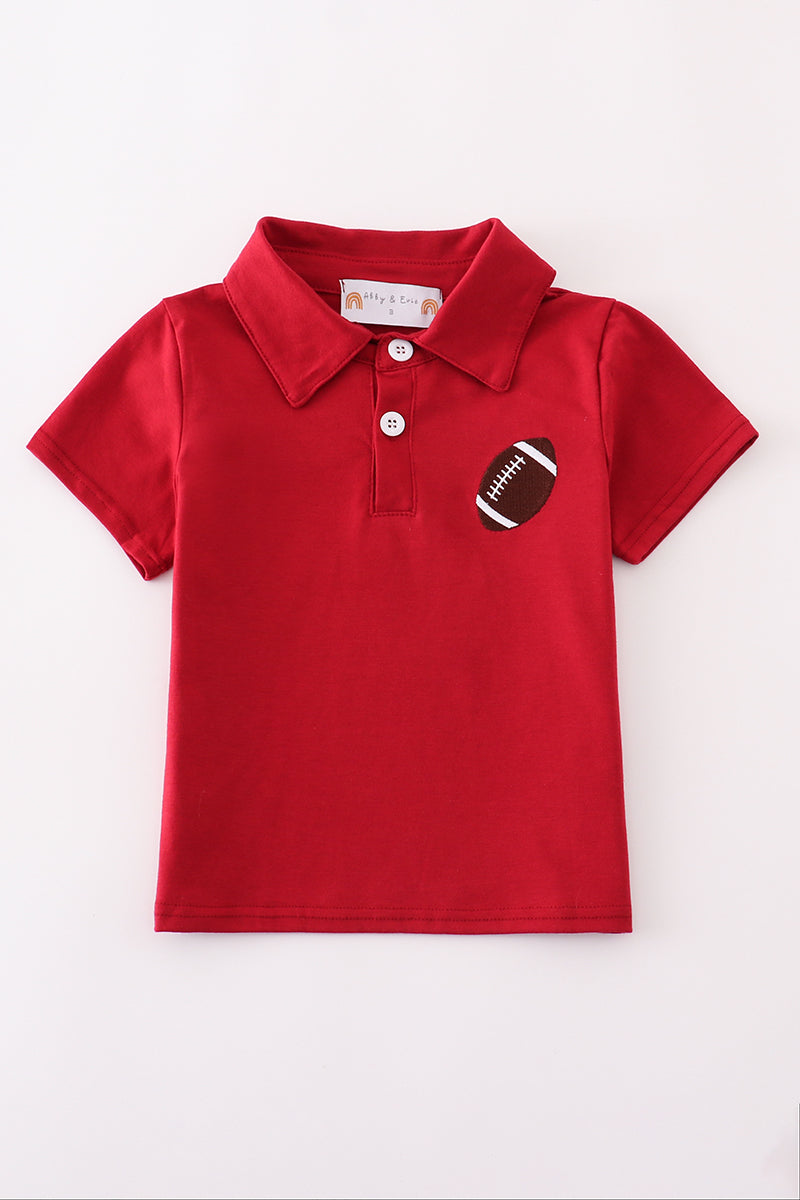 Boys maroon button down shirt with football embroidery – Cloudling Kids Clothing