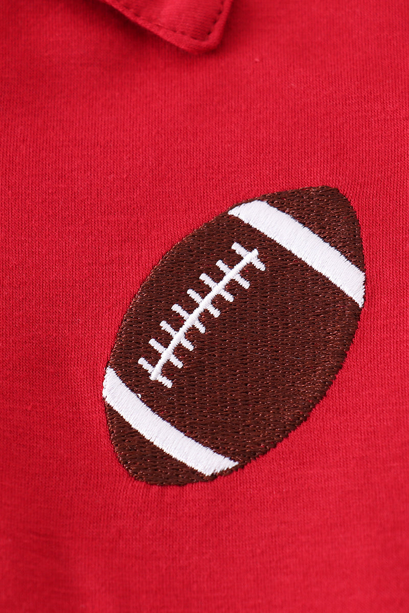 Close-up of football embroidery on maroon boys shirt – Cloudling Kids Clothing