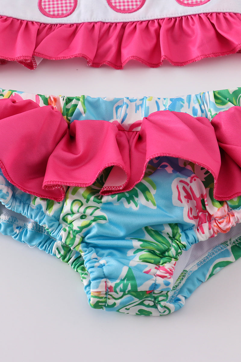 a cute pink floral 2-piece swimsuit with Minnie-inspired character design from Cloudling Kids, perfect for pool fun.