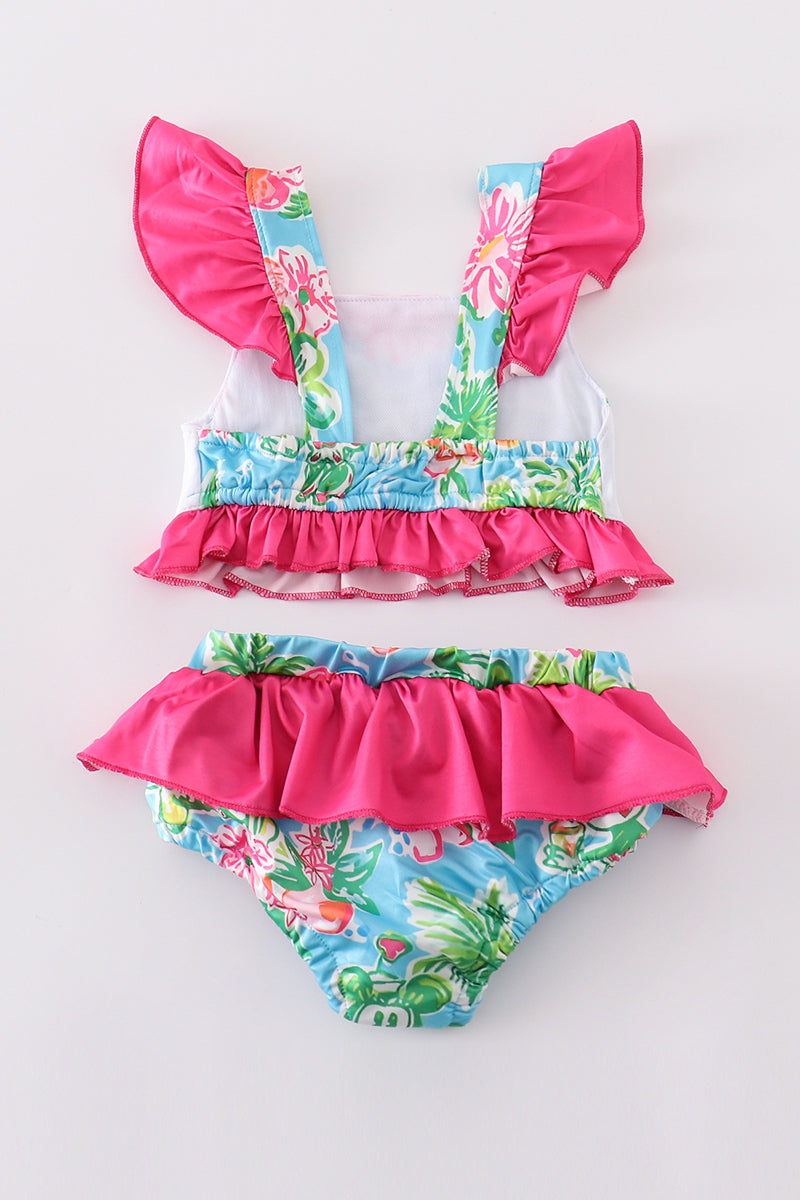Adorable girls' 2-piece pink swimsuit featuring a floral print, character appliqué, and Minnie-inspired ears.