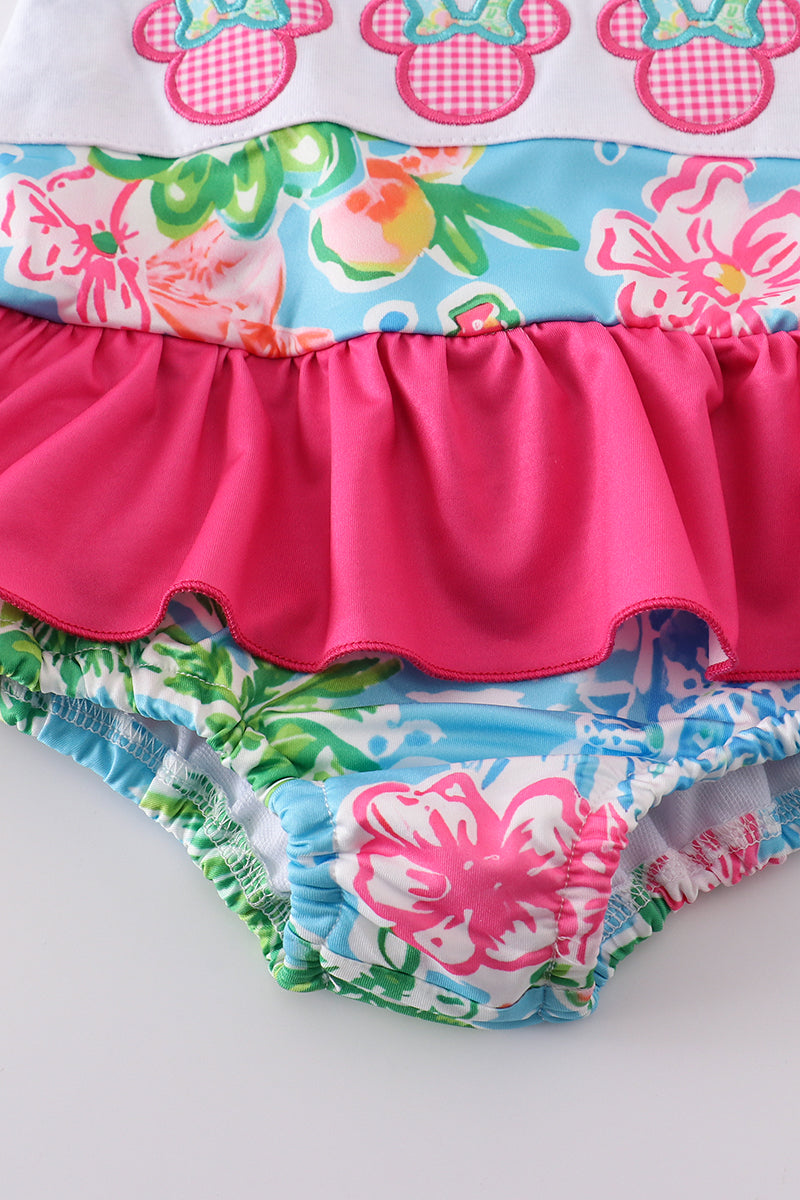 a cute pink floral swimsuit with Minnie-inspired character design from Cloudling Kids, perfect for beach fun.