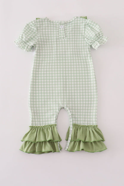 Sage turkey embroidery gingham ruffle romper