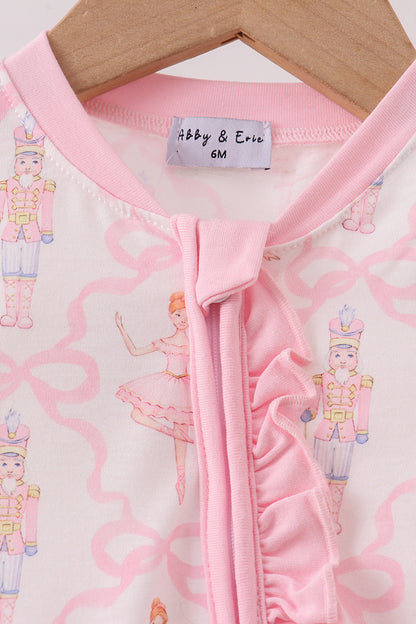Pink nutcracker print ruffle romper