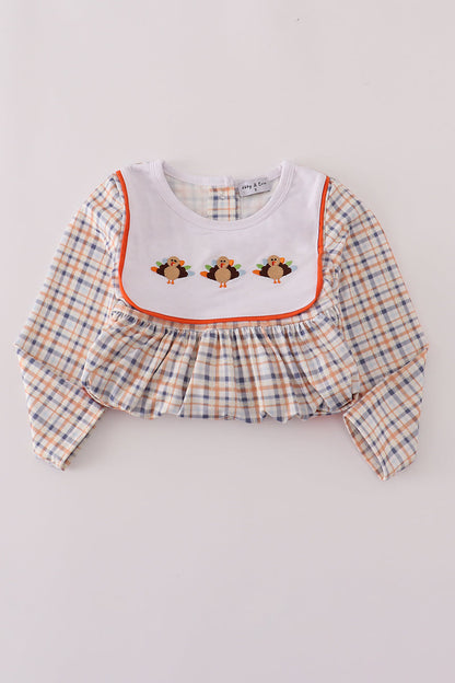 Orange turkey embroidery plaid ruffle pants set