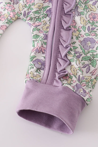 Purple floral print ruffle romper