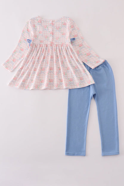 Pink floral print ruffle bow pants set
