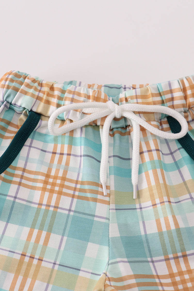 Blue dinosaur embroidery plaid pants set