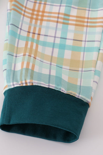 Blue dinosaur embroidery plaid pants set