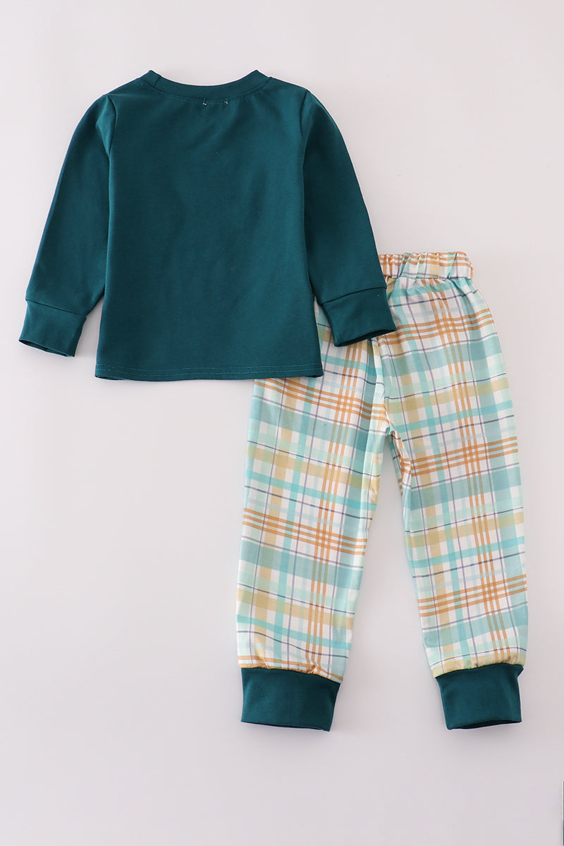 Blue dinosaur embroidery plaid pants set
