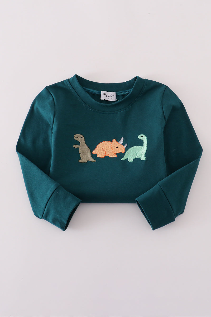 Blue dinosaur embroidery plaid pants set