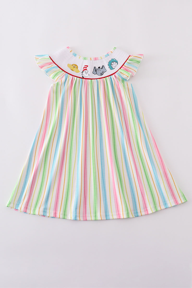 Stripe Dr. Seuss embroidery smocked dress - Cloudling Kids Clothing