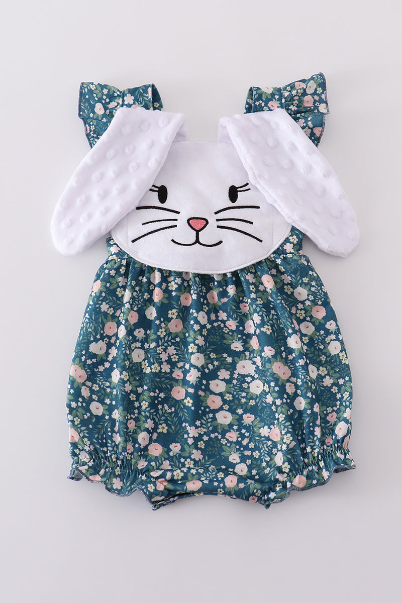 Green floral bunny applique bubble - Cloudling Kids Clothing