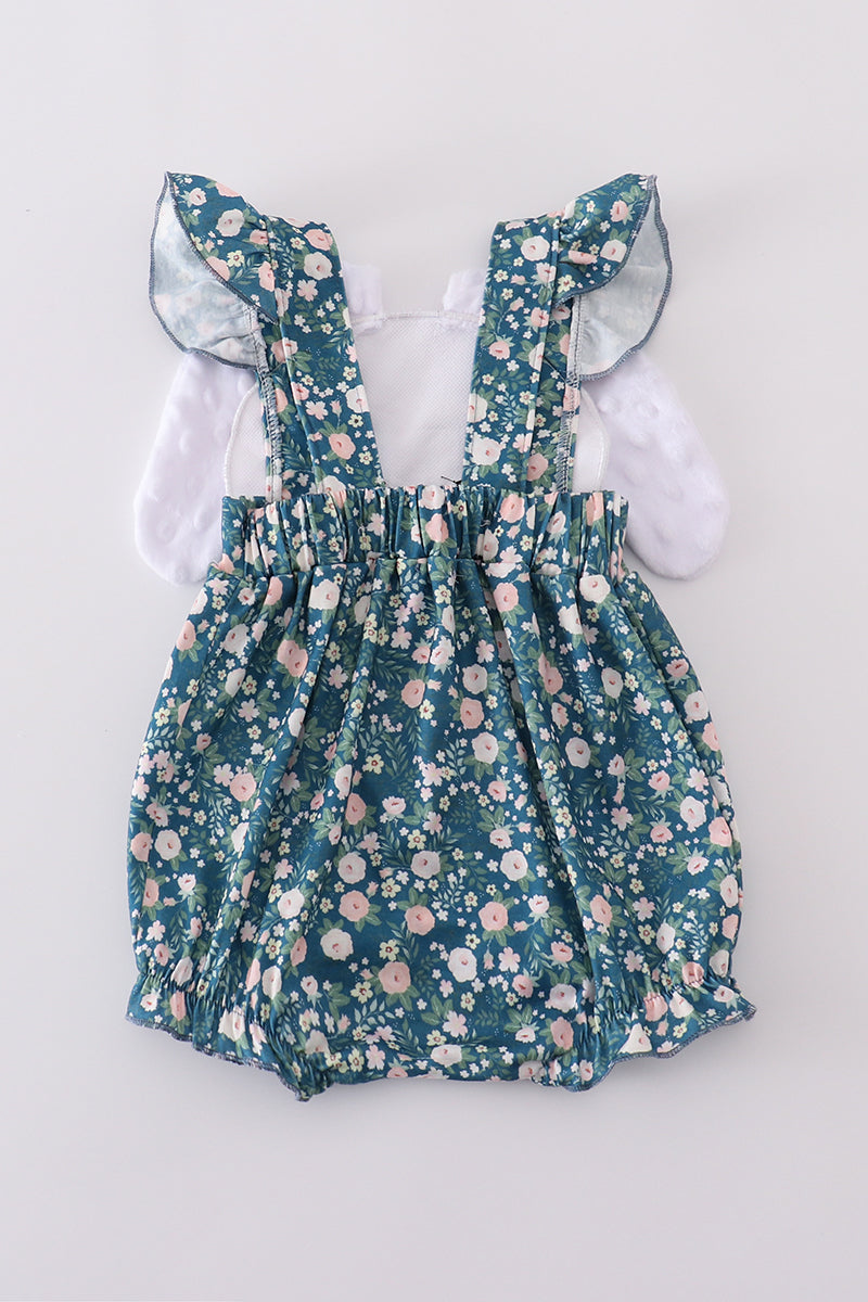 Green floral bunny applique bubble - Cloudling Kids Clothing